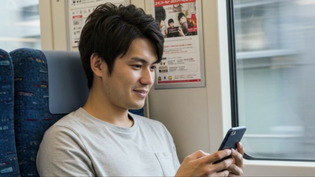 旅先で映画を楽しむ男性