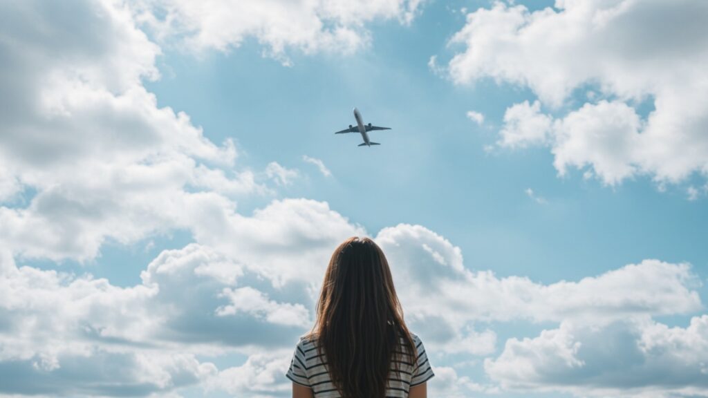 空を飛ぶ飛行機を見る少女