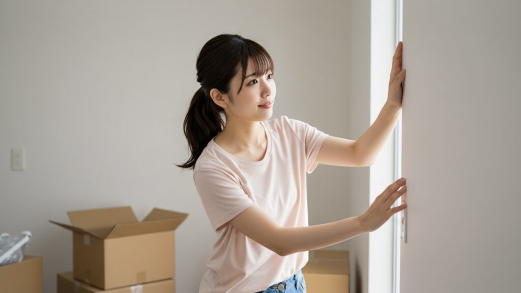 不祥事問題のあったレオパレスの部屋の壁を確認する女性2