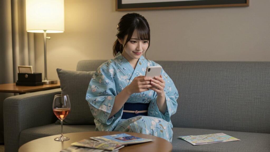 動画配信サービスmieru-TVで旅の宿泊先でおすすめ映画を視聴する女性(mieruTV)