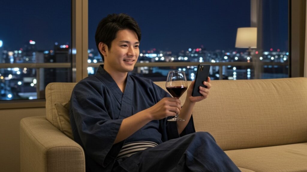 動画配信サービスmieru-TVで旅の宿泊先でおすすめ映画を視聴する男性(mieruTV)