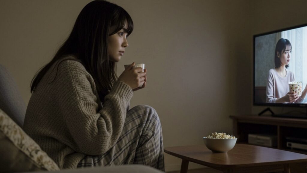 動画配信サービスHuluで映画やドラマやバラエティを楽しむ女性2