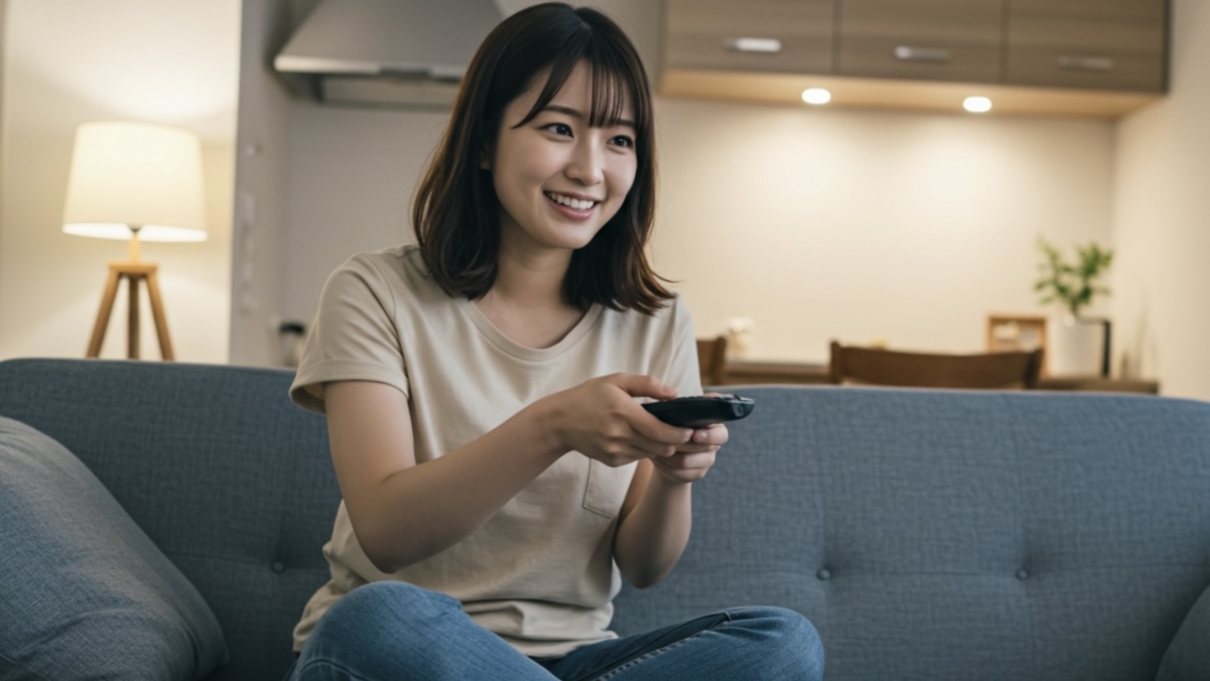 VOD動画配信サービスHuluとABEMAプレミアムのサービスを比較して楽しむ女性１