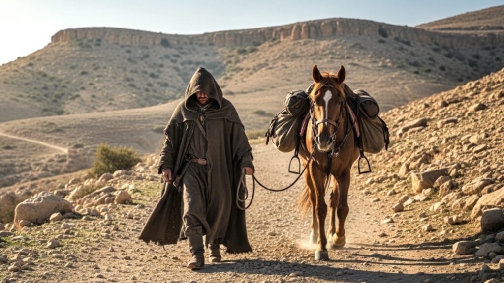 Huluで何度も見たいおすすめ名作ドラマや映画の1場面のような風景を歩く馬と男性