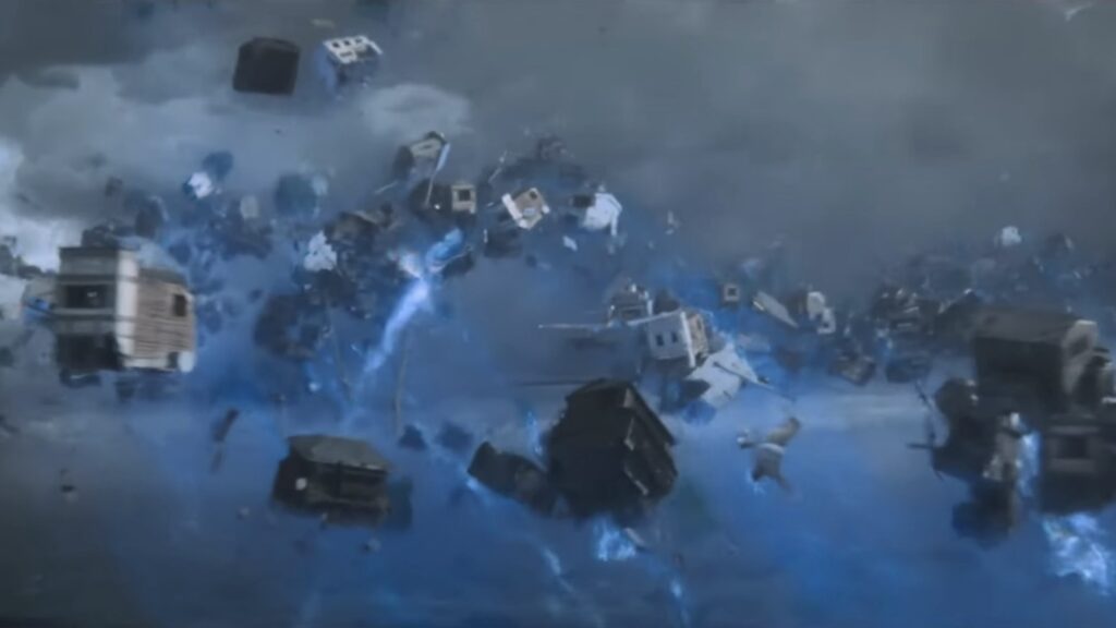 新作ゴジラ映画「ゴジラ-0.0(ゴジラマイナスゼロ)」で敷島一家に望む苦難のイメージ・宙を舞う瓦礫