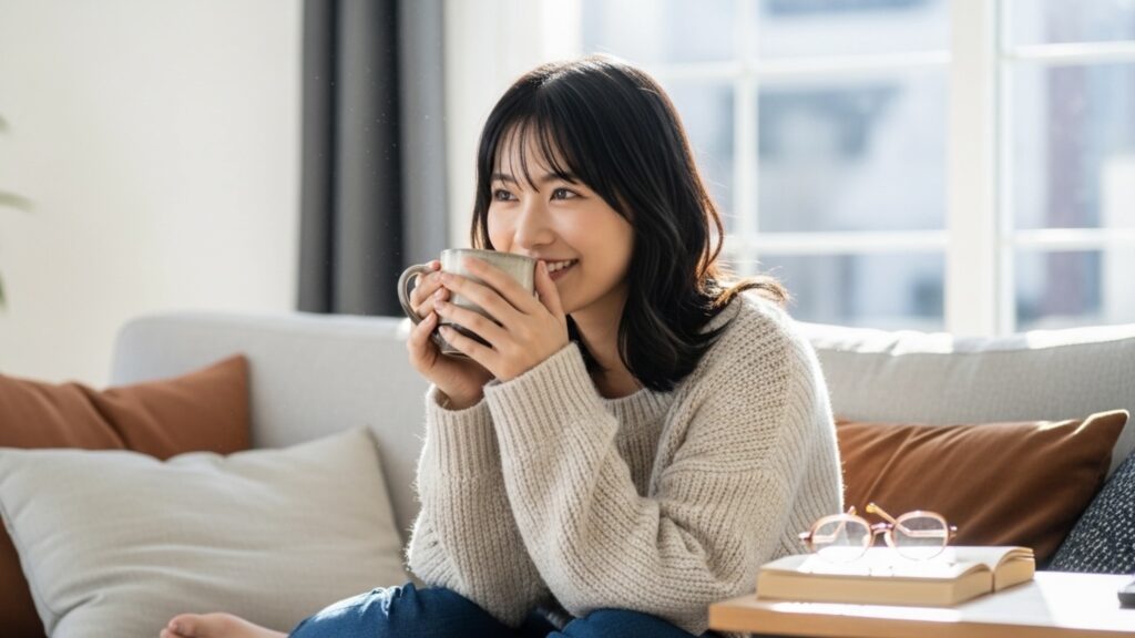 新作映画の配信が早い「mieru-TV」で新作映画を楽しむ女性2025